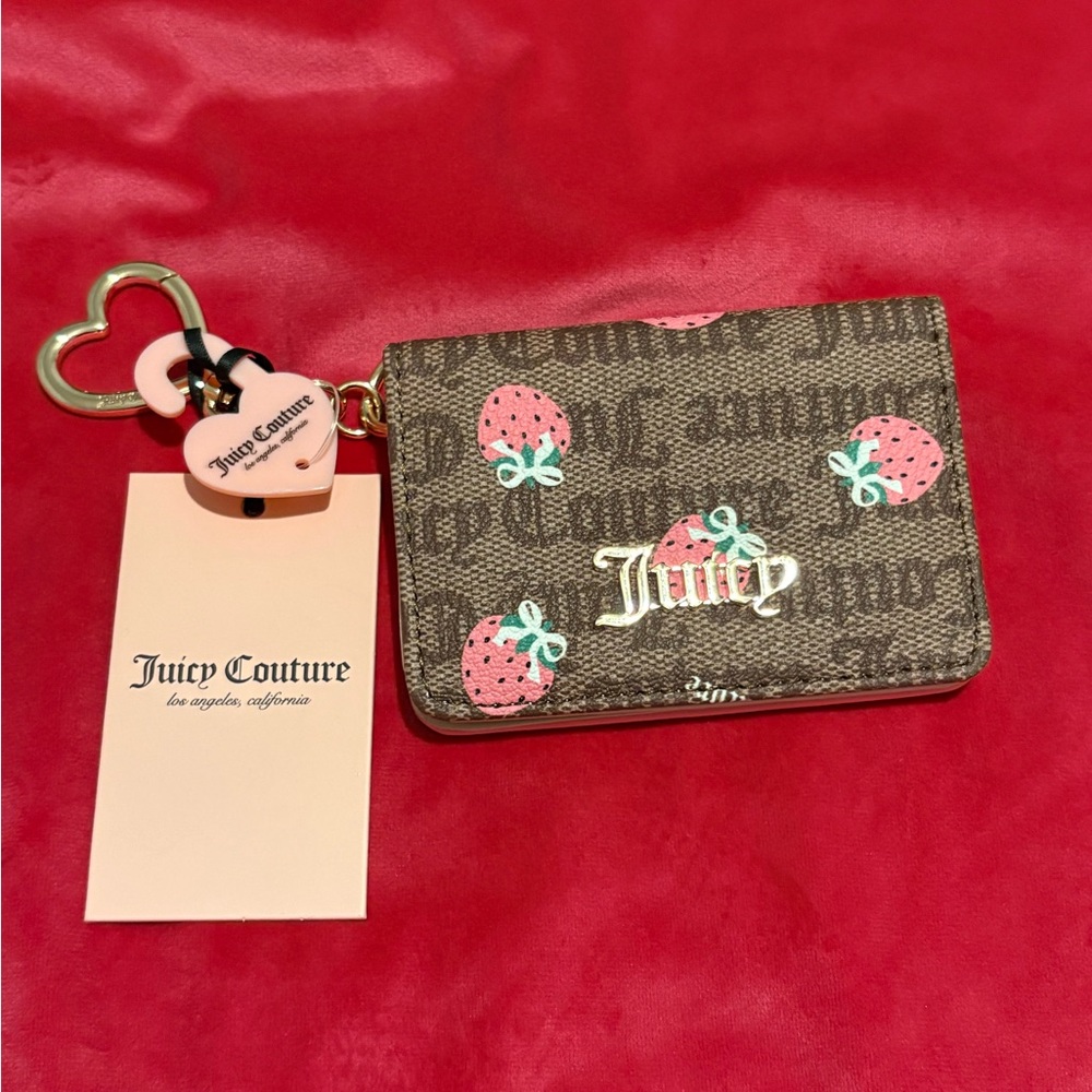Juicy Couture Brown Card Holder with Pink Strawberry Accents & Gold Logo